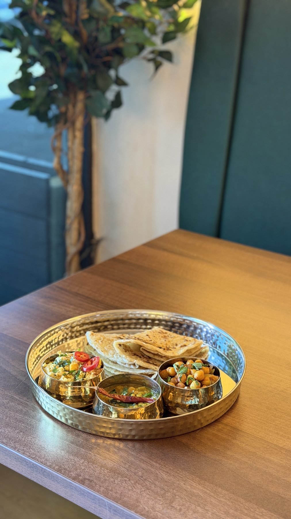Desi Breakfast Thali with chana, tarka dhal, desi scrambled egg and paratha