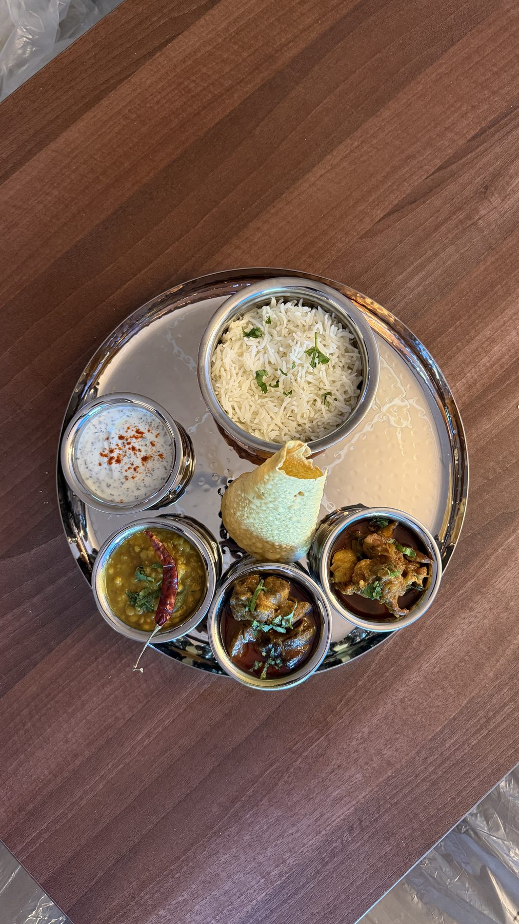 Curry thali with rice, dal and poppadom